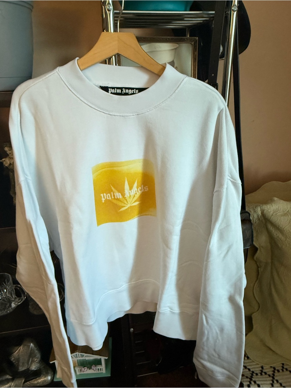 Palm Angels White Crewneck Sweatshirt with Yellow Graphic oversized